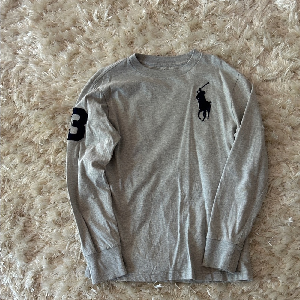 Ralph Lauren Gray Long-Sleeve Polo Player Tee with Navy Logo - new